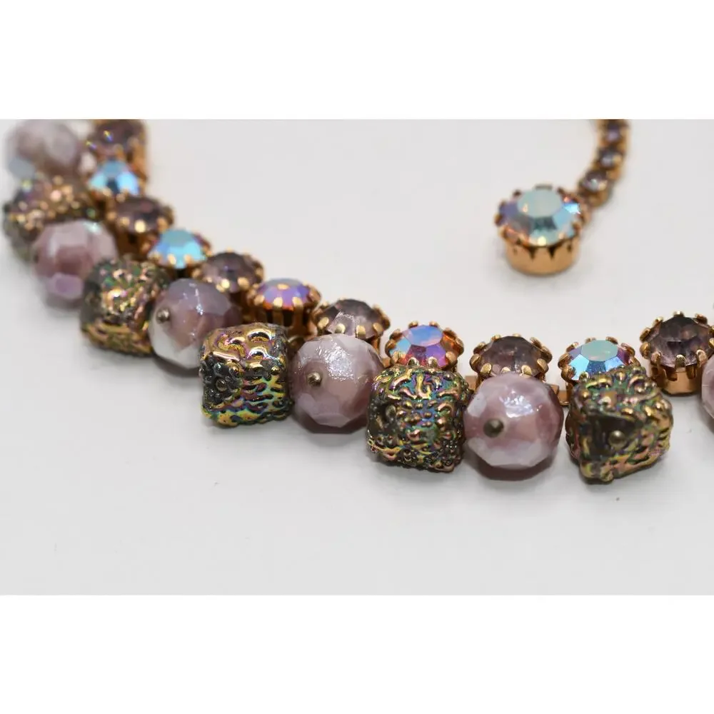 Vintage AB Rhinestone Art Glass Dangle Choker Necklace 15 Inch